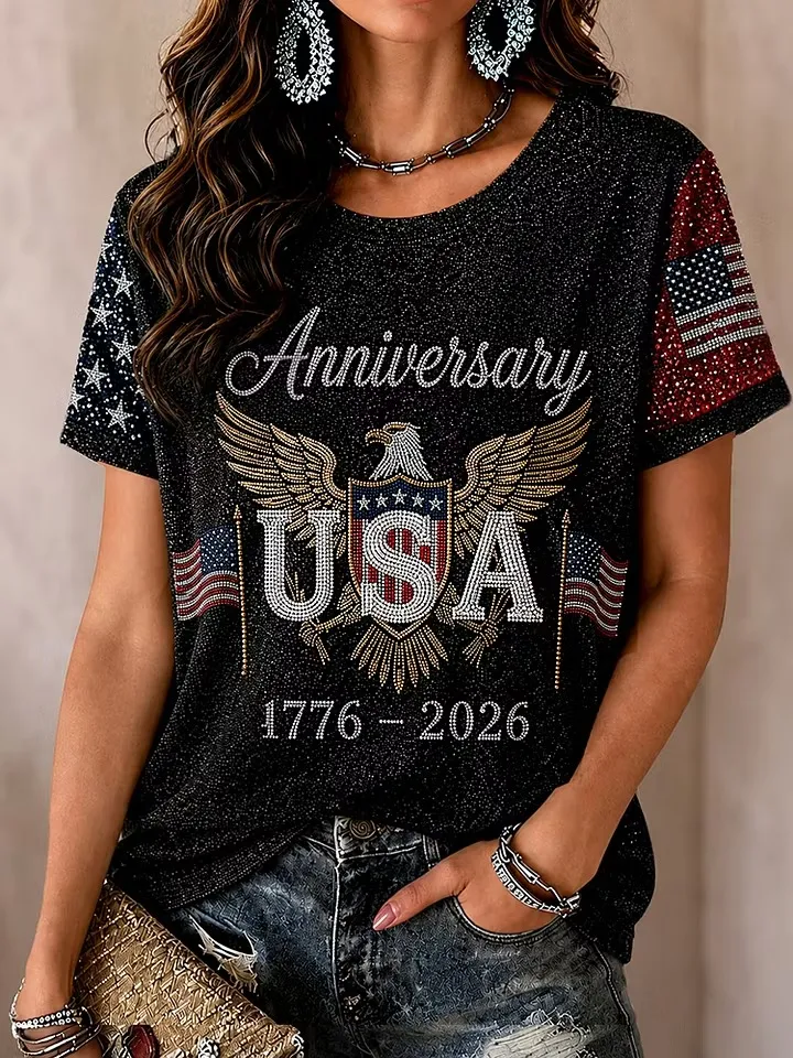 Ladies' Leisure 250Th Anniversary Celebration American Flower Embroidered Personalized Printed Round Neck Top