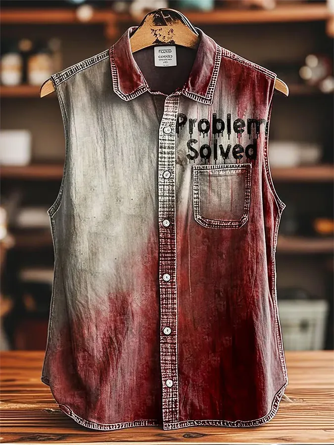 Men's Bloody Problem Solved Print Vintage Casual Sleeveless Shirt