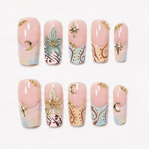 Nailhour 3D Green Floral 24Pcs 3D French Press On Nails