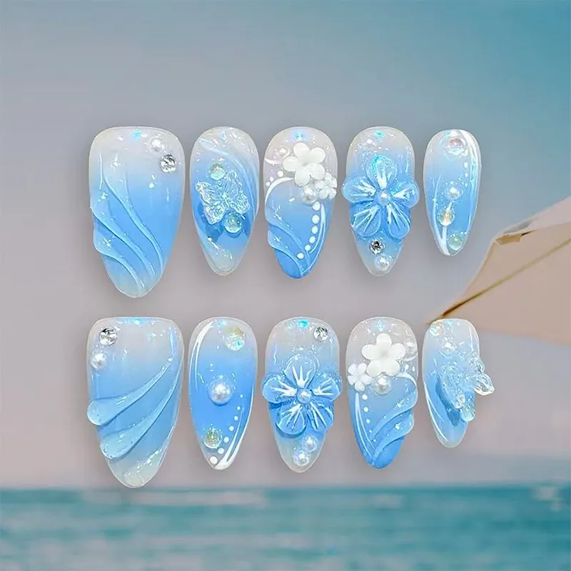 Nailhour 30Pcs Summer 3D Resin Blue Floral Press On Nails