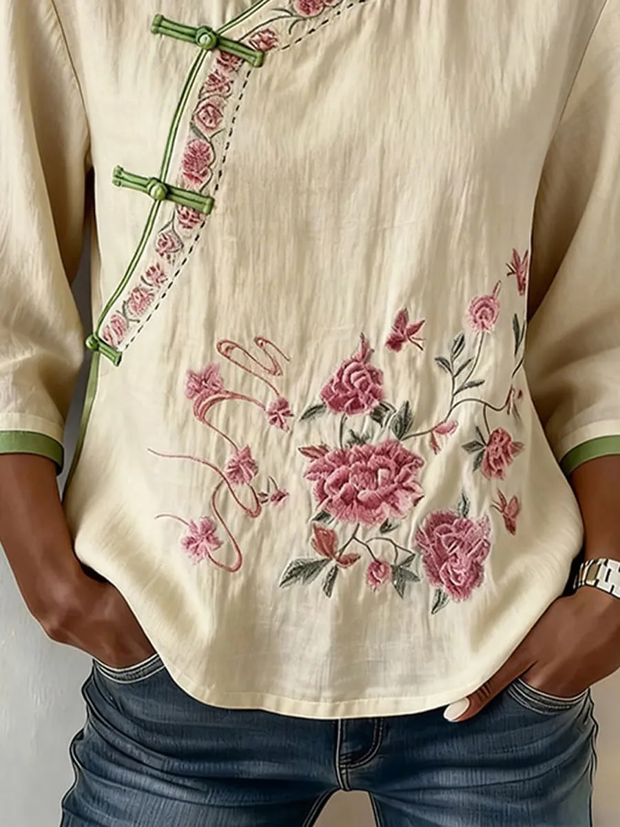 Women'S Cotton And Linen Floral Print Top