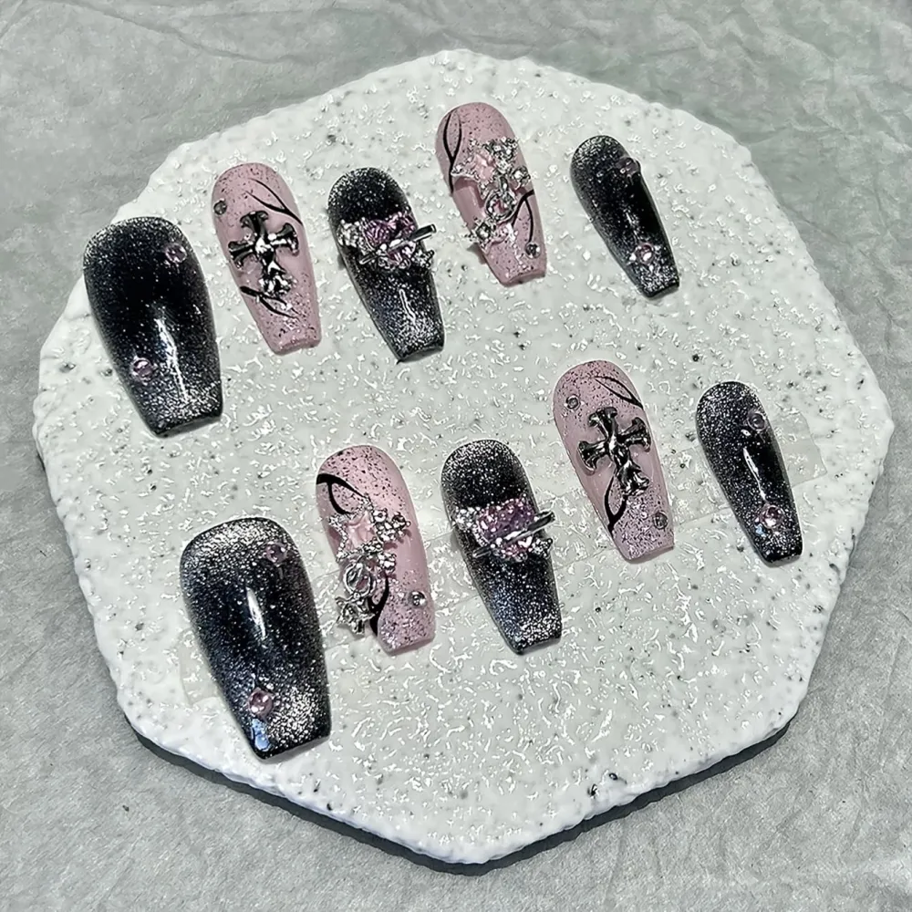 Nailhour 10Pcs Pink Rhinestone Cat Eye 3D Medium Coffin Press On Nails