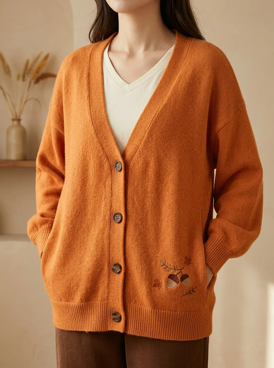Relaxed Acorn Leaf Embroidered Women's Knit Cardigan
