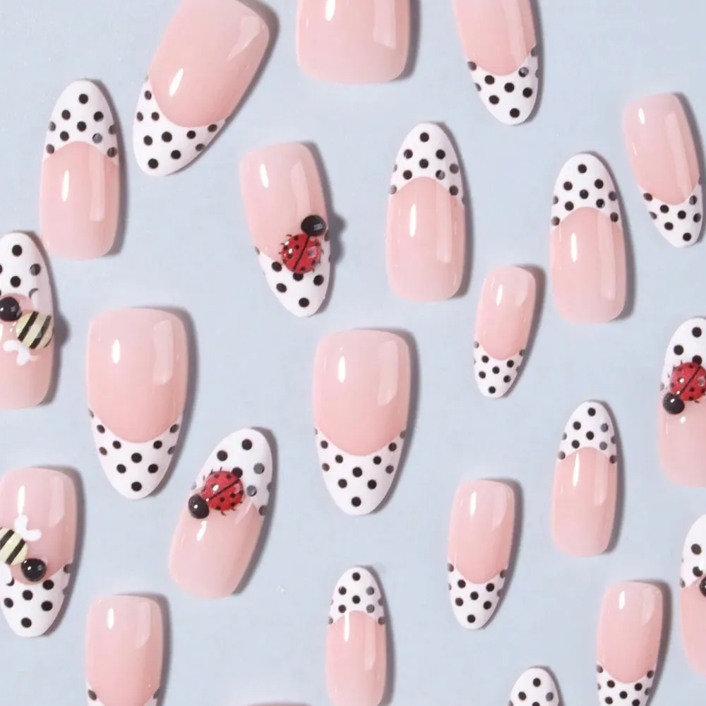 Nailhour 30Pcs French Medium Almond Bumblebee Polka Dot Press On Nails