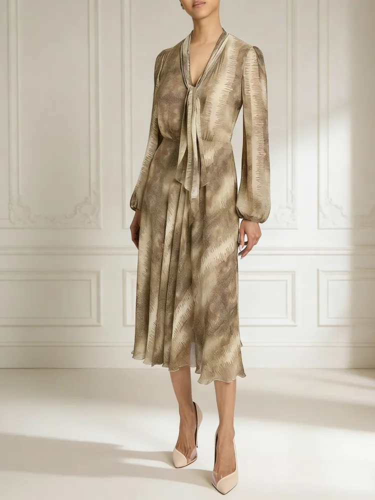 Tie-Neck Printed Midi Dress