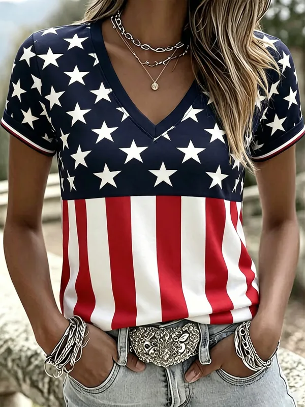 Women'S America Flag Print Casual V-Neck T-Shirt