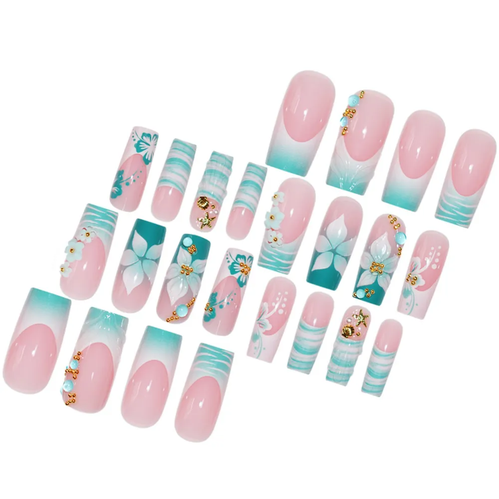 Nailhour Rhinestone 24Pcs Long Square 3D Floral Press On Nails