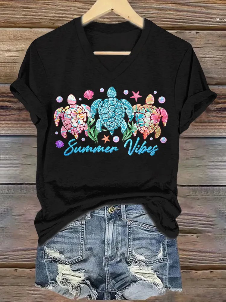 Women's Vibes Short Sleeves V-Neck Pure Cotton T-Shirt
