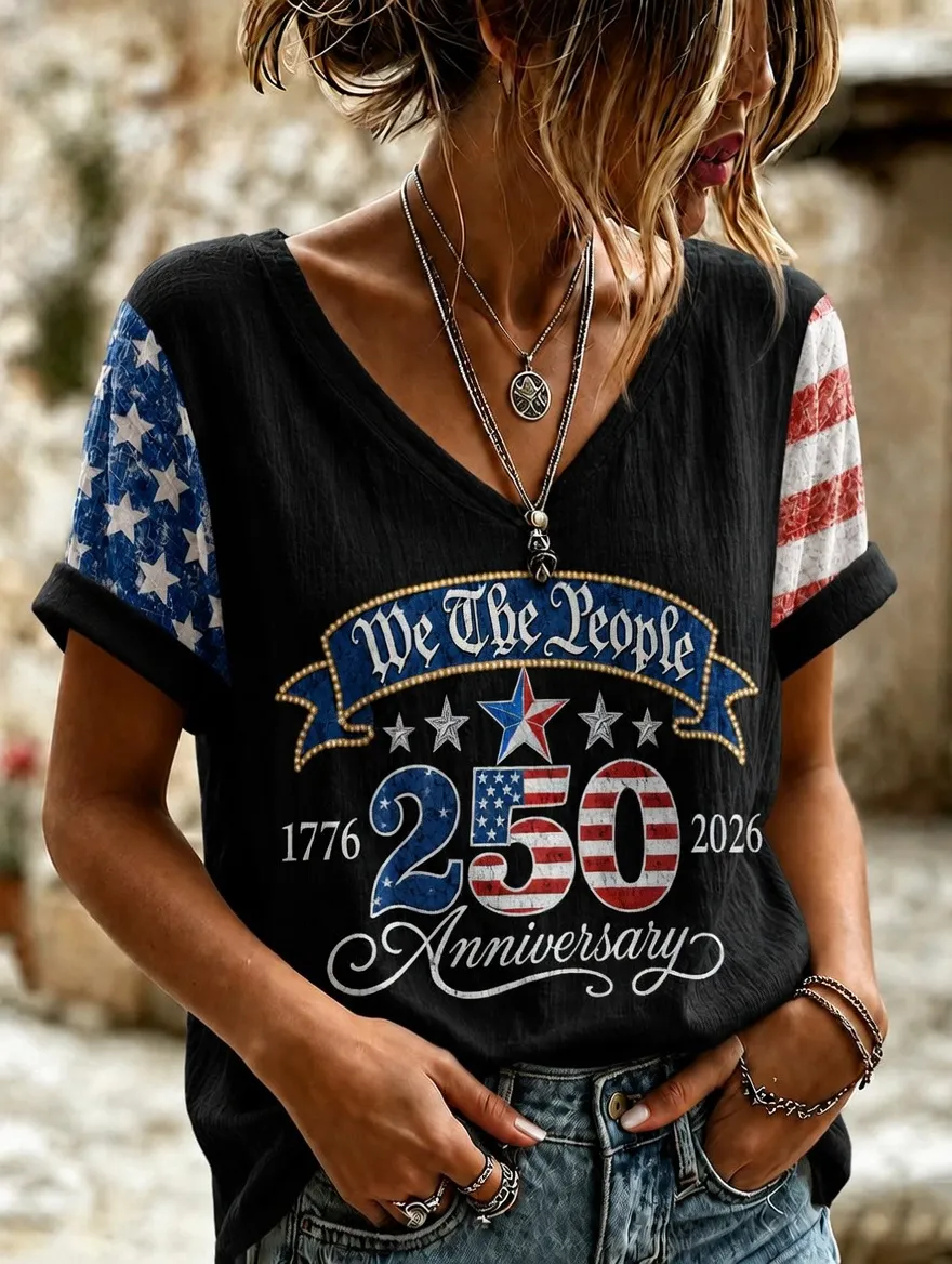 Women'S Retro Independence Day Printed Casual Short Sleeved T-Shirt