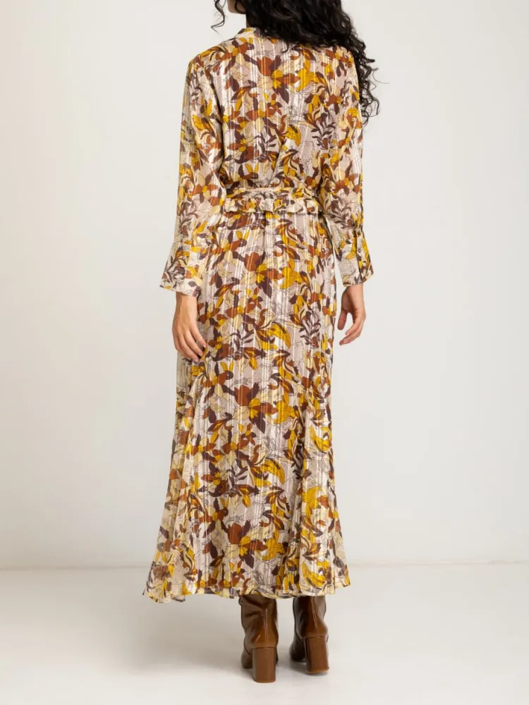 Long-Sleeve Leaf Print Maxi Dress
