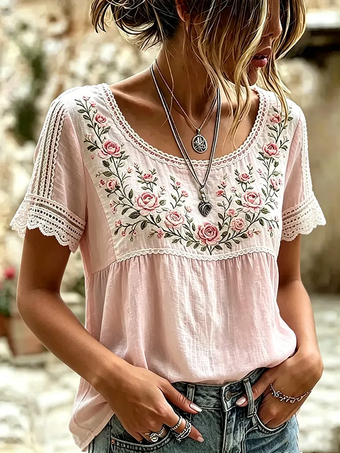 Women'S Casual Printed Cotton And Linen Round Neck Top
