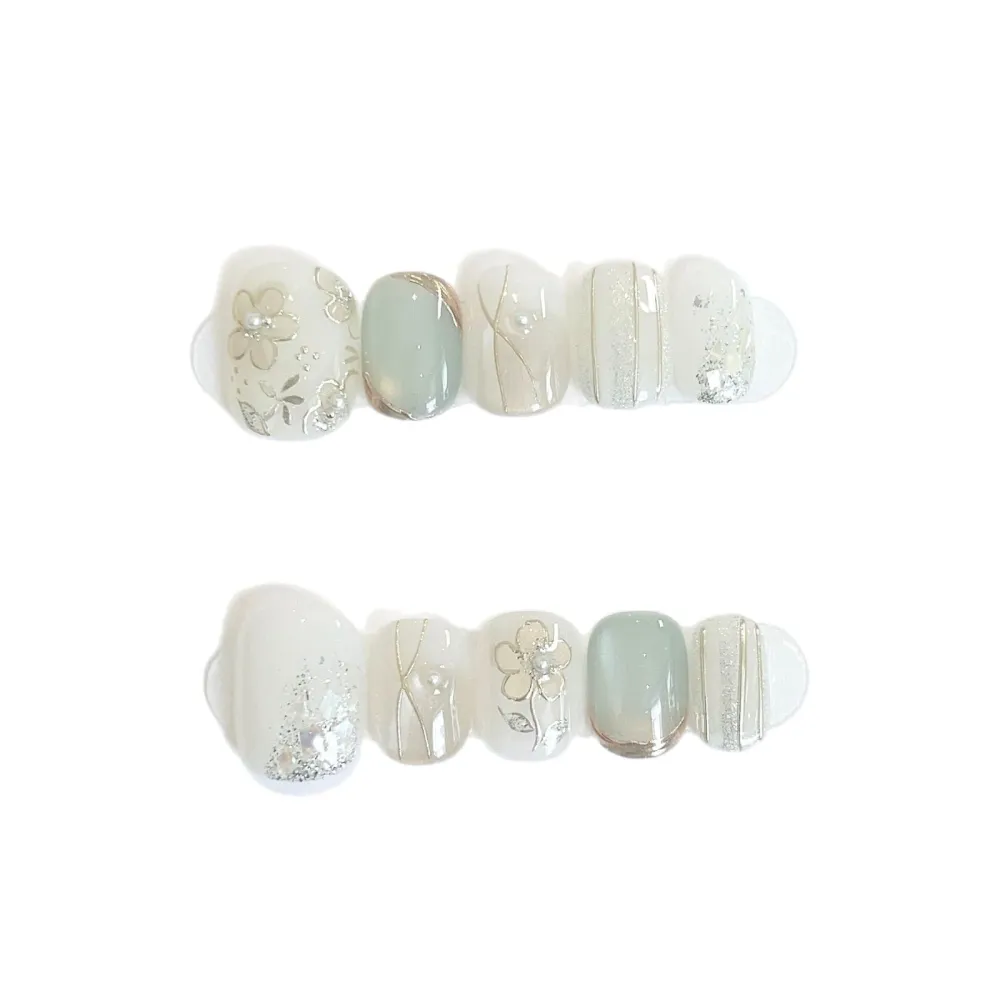 Nailhour 10Pcs Nude Floral Glitter Short Squoval Press On Nails