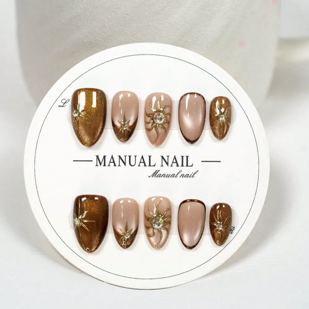 Nailhour 24Pcs Brown Cat Eye Gilded Handmade Short Almond Press On Nails