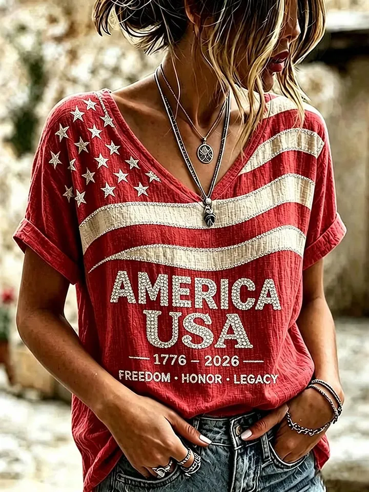 Women's Independence Day Flag Art Cotton Linen Short Sleeve Top