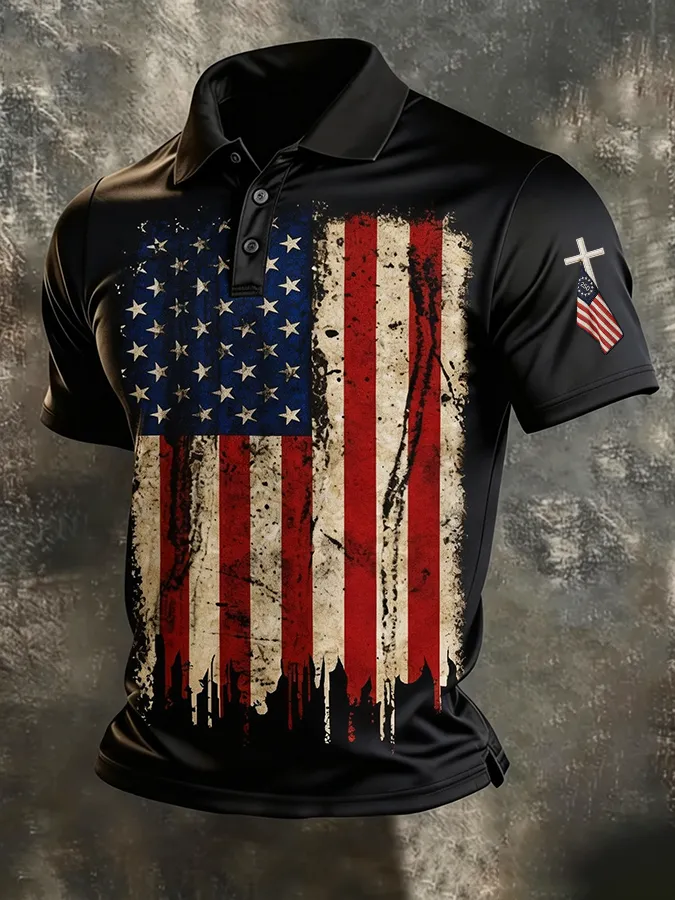 Men'S American Flag Print Casual Polo Shirt