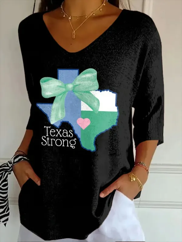 V- Neck Retro Texas Strong Green Bow Print Top