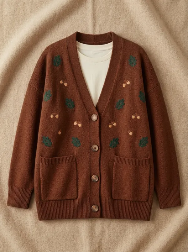Oak Leaf Acorn Embroidered Women's Knit Cardigan