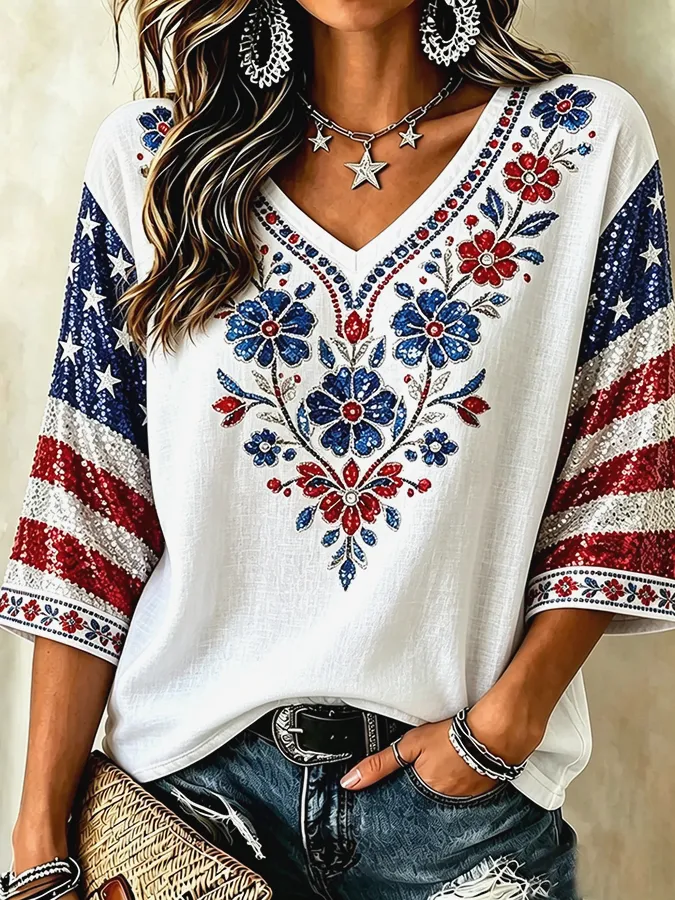 Women'S V-Neck Independent Day Printed Shirt