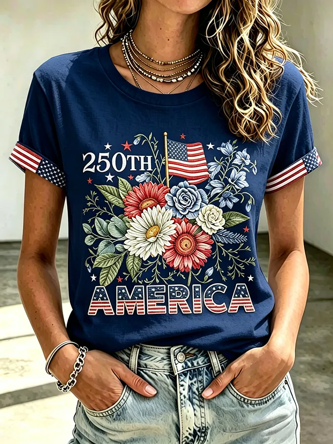Ladies' Casual American 250Th Anniversary Flower Embroidered Round Neck Short Sleeved T-Shirt