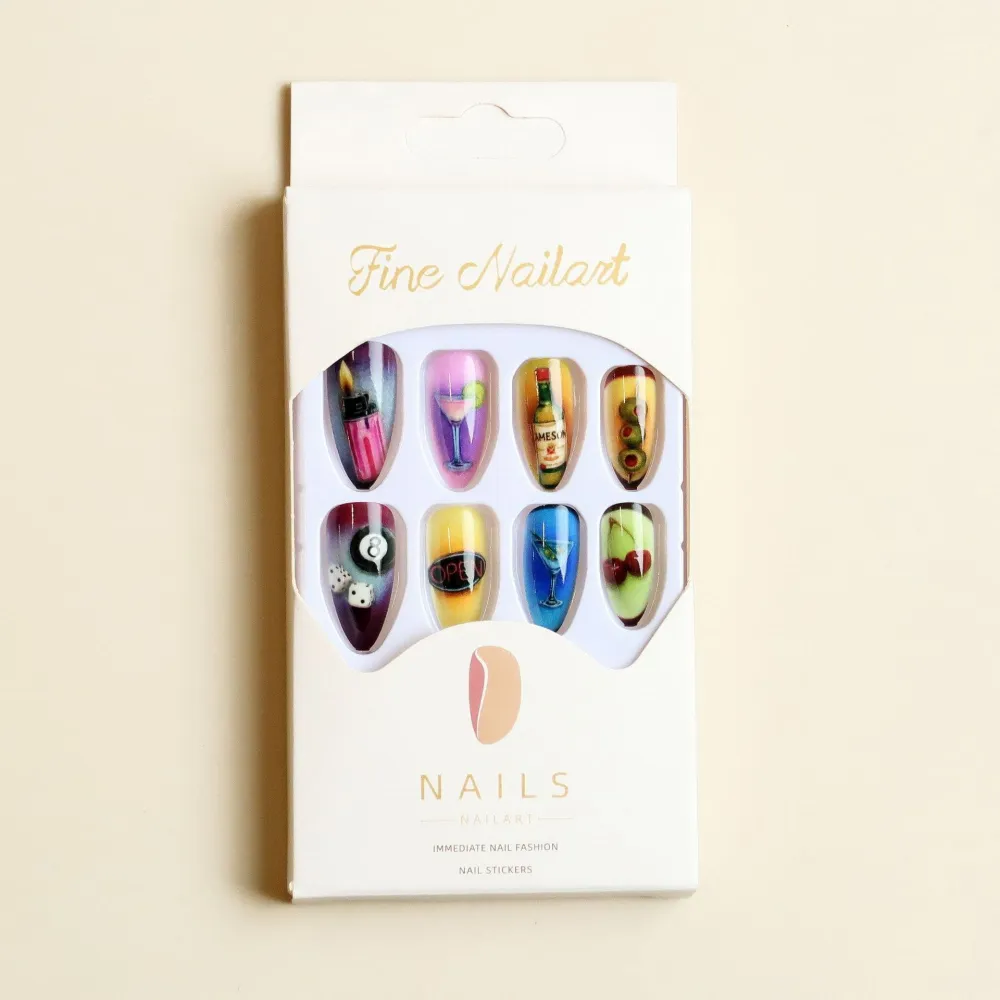 Nailhour 24Pcs Vintage 3D Party Short Almond Press On Nails