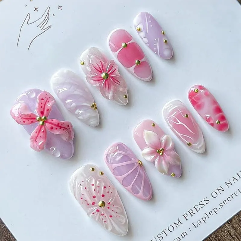 Nailhour 30Pcs Colorful Floral 3D Medium Almond French Press On Nails