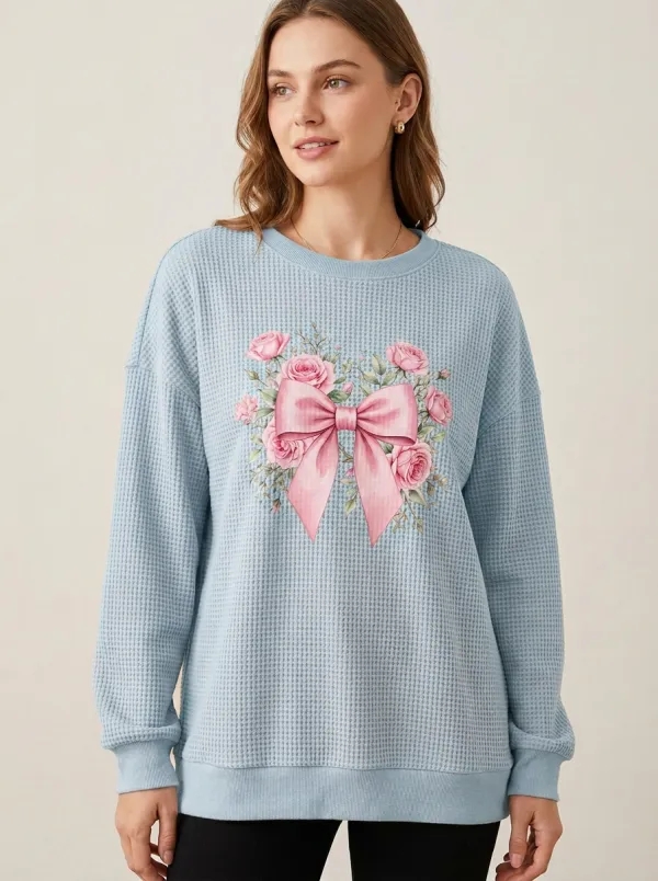 Women's Breast Cancer Awareness Pink Bow Rose Printed Waffle Sweatshirt