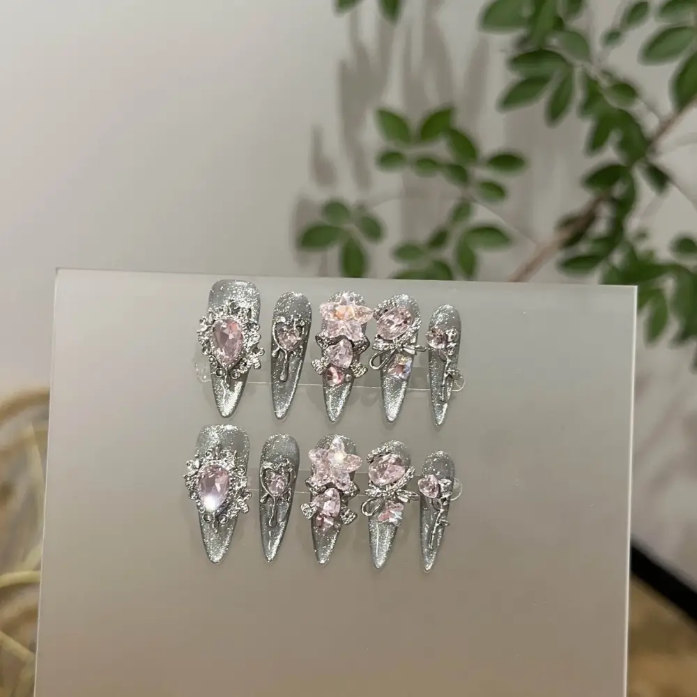Nailhour 10Pcs Handmade Cat Eye Floral Rhinestone Long Stiletto Press On Nails