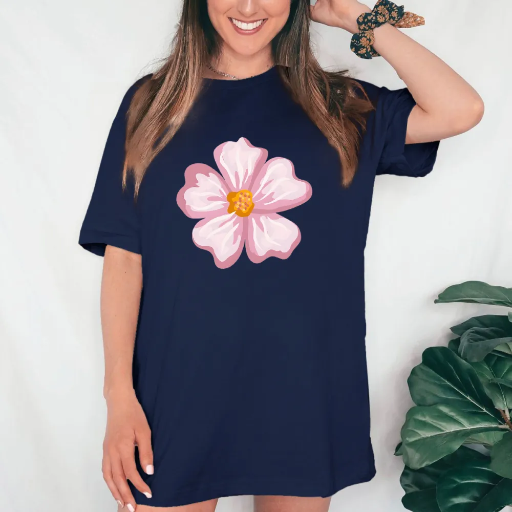 Casual T-Shirt With Pink And White Floral Pattern.