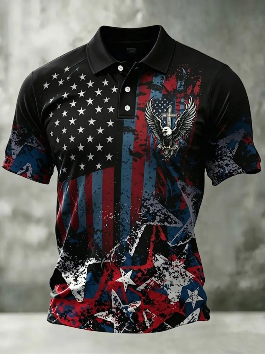 Men'S Retro Patriotic Color-Block Short-Sleeve Polo Shirt