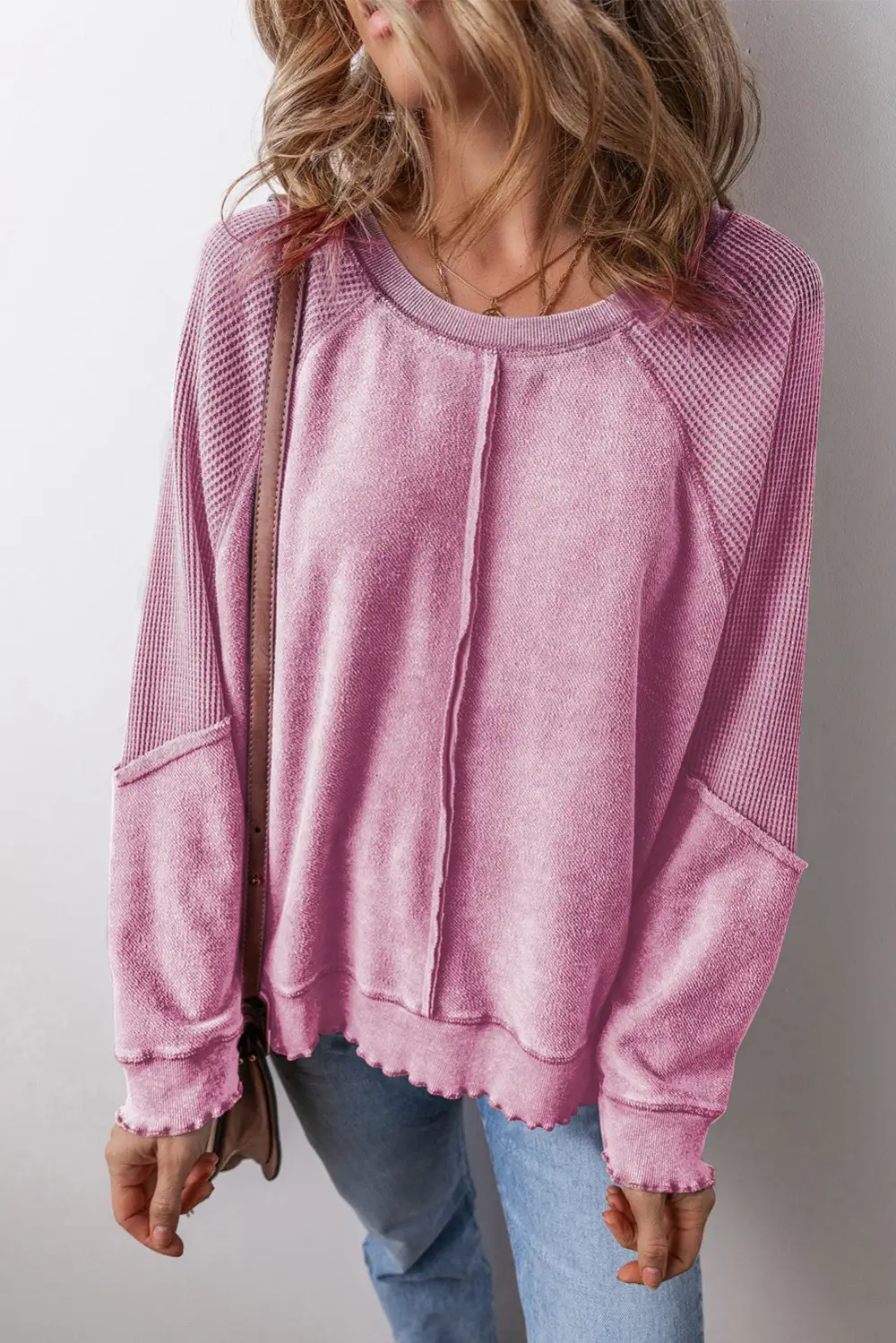 Waffle Knit Patchwork Exposed Seam Raglan Sweatshirt