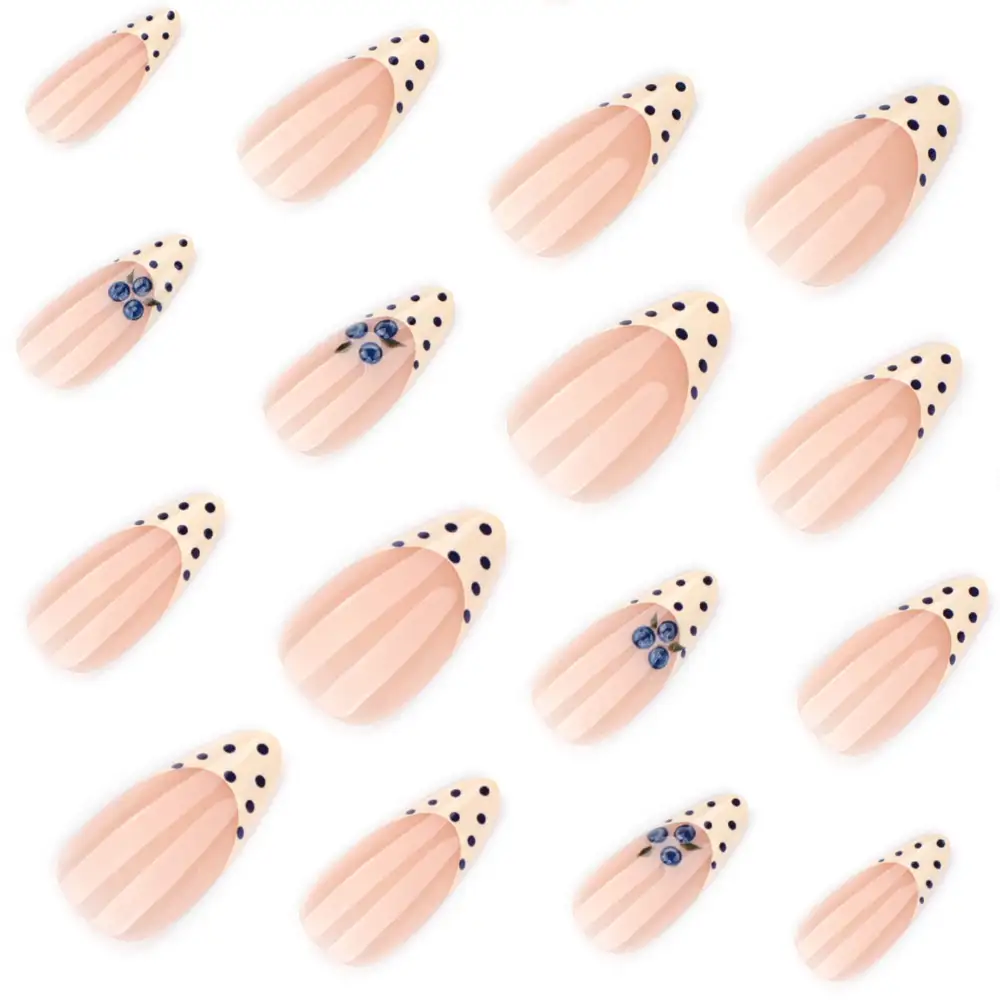 Nailhour 24Pcs French Medium Almond Cute 3D Blueberry Press On Nails