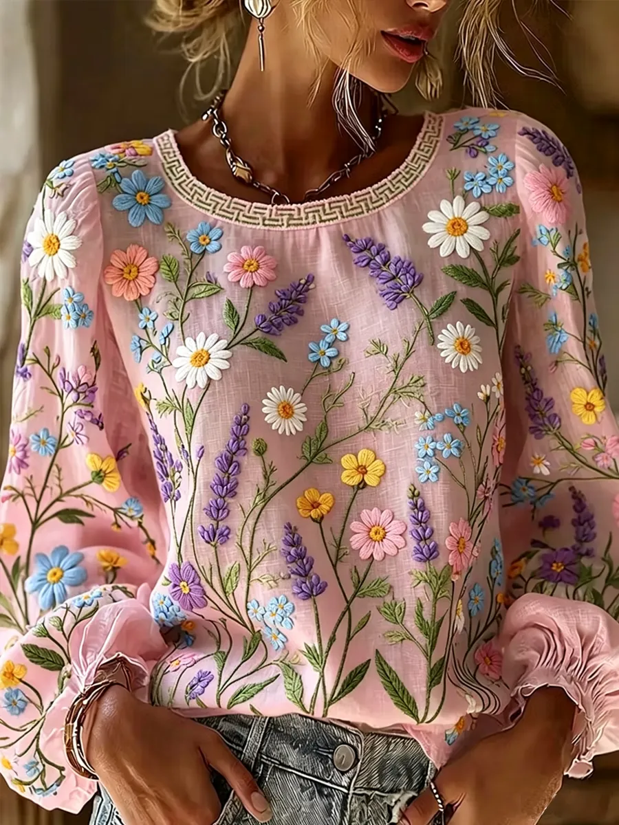Flower Pattern Color Blocked Print Casual Linen Top