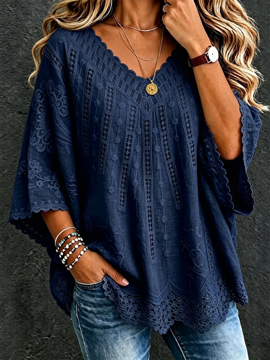 Women'S Cotton And Linen Floral Casual Vacation Top