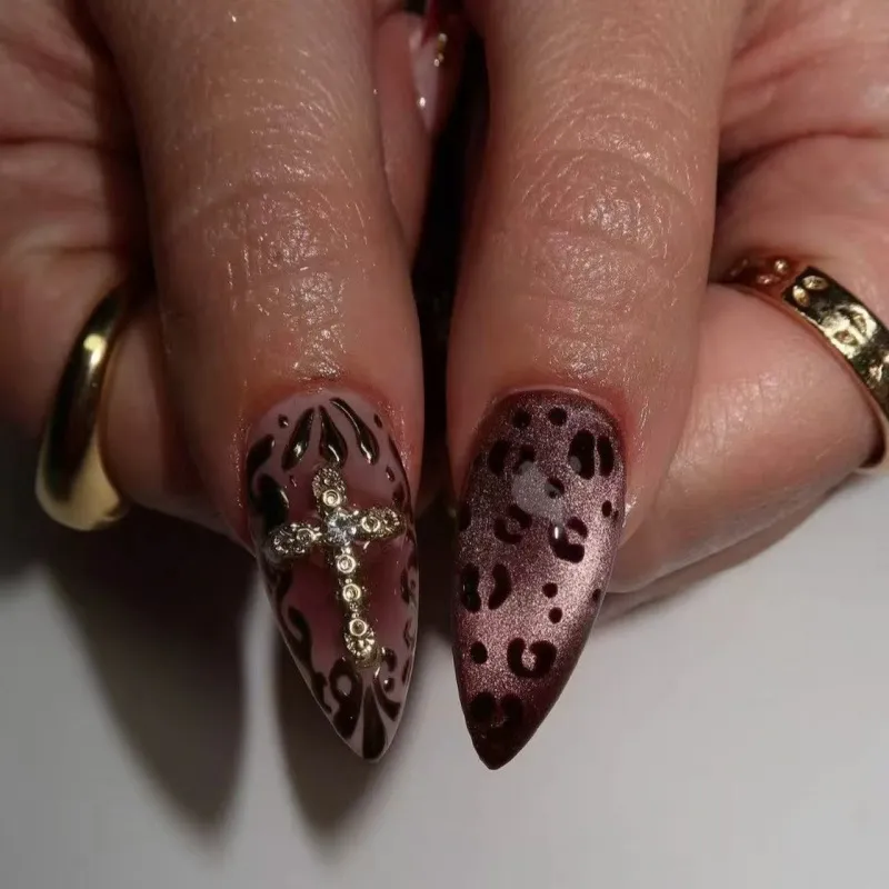 Nailhour 24Pcs French 3D Gradient Floral Medium Almond Press On Nails