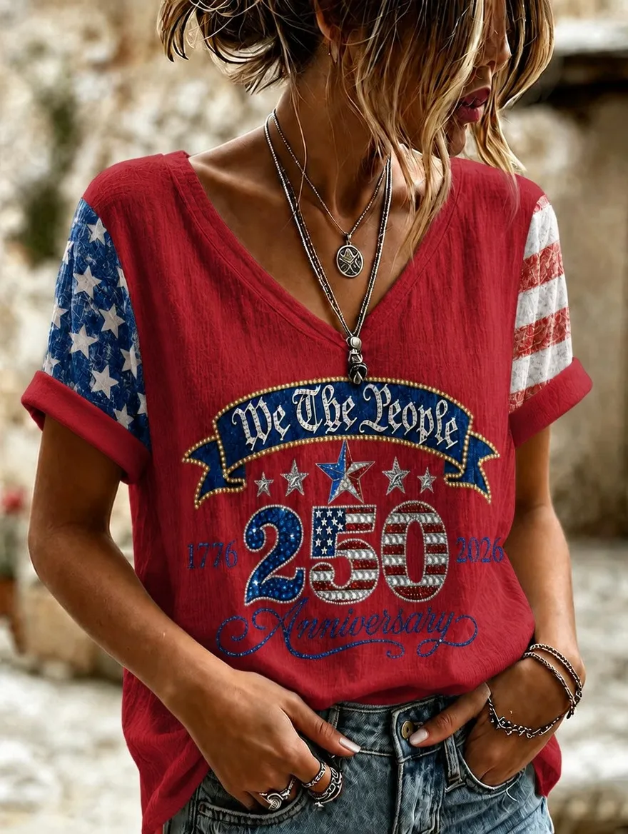Women'S Retro Independence Day Printed Casual Short Sleeved T-Shirt
