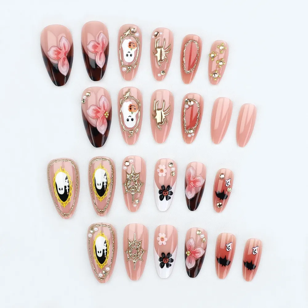 Nailhour 24Pcs Halloween Pink Gilded Medium Almond Press On Nails