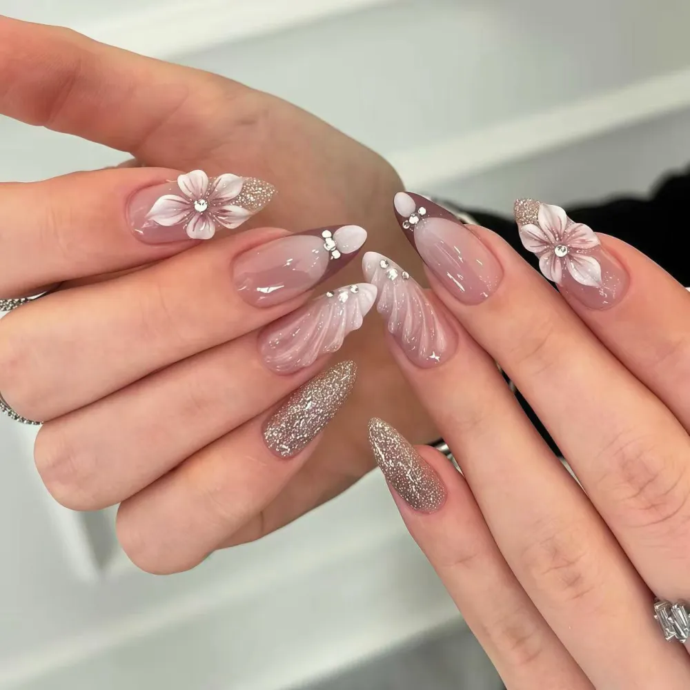 Nailhour 30Pcs Floral 3D Medium Almond French Press On Nails