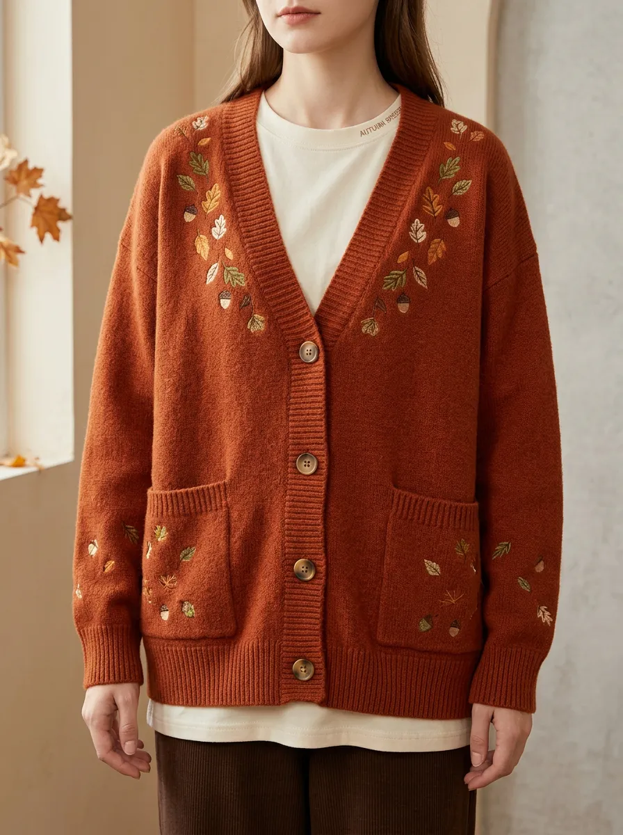 Leaves Acorn Embroidered Women's Knit Cardigan