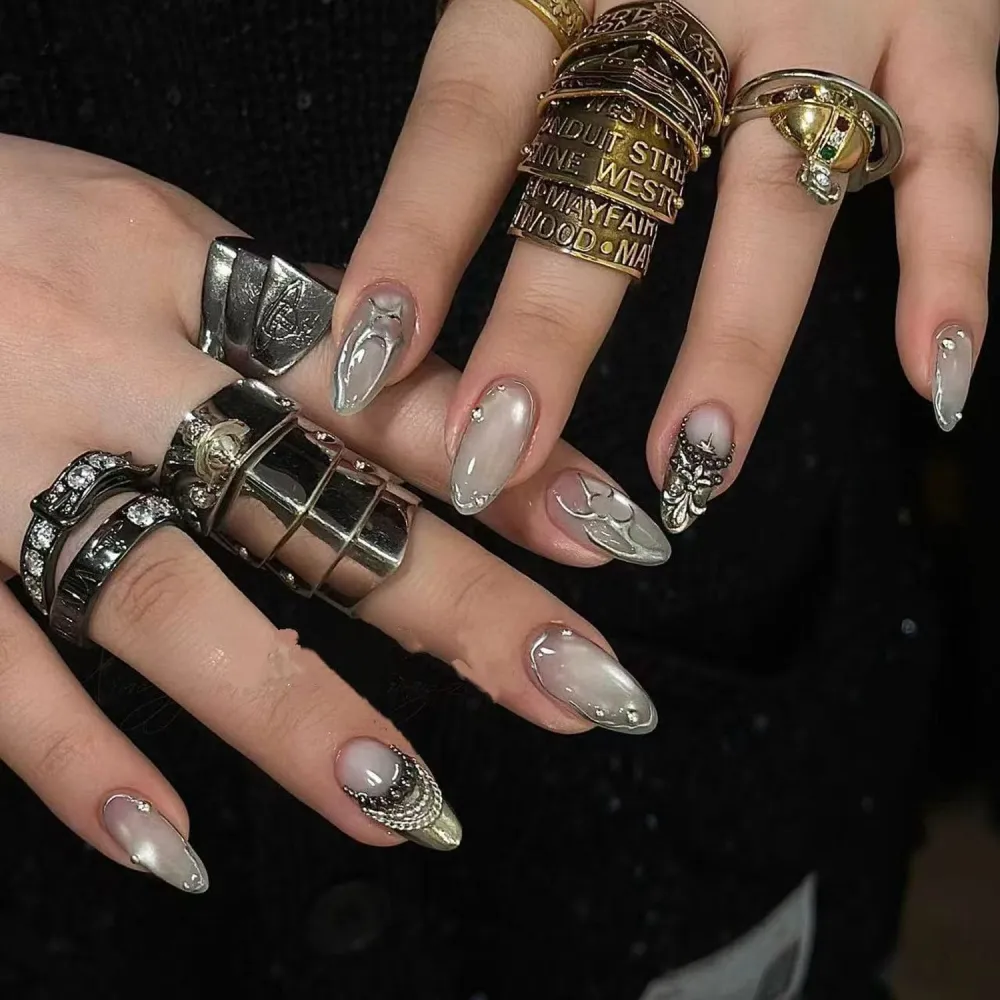 Nailhour 10Pcs Cat Eye French Gilded Nude Medium Oval Press On Nails