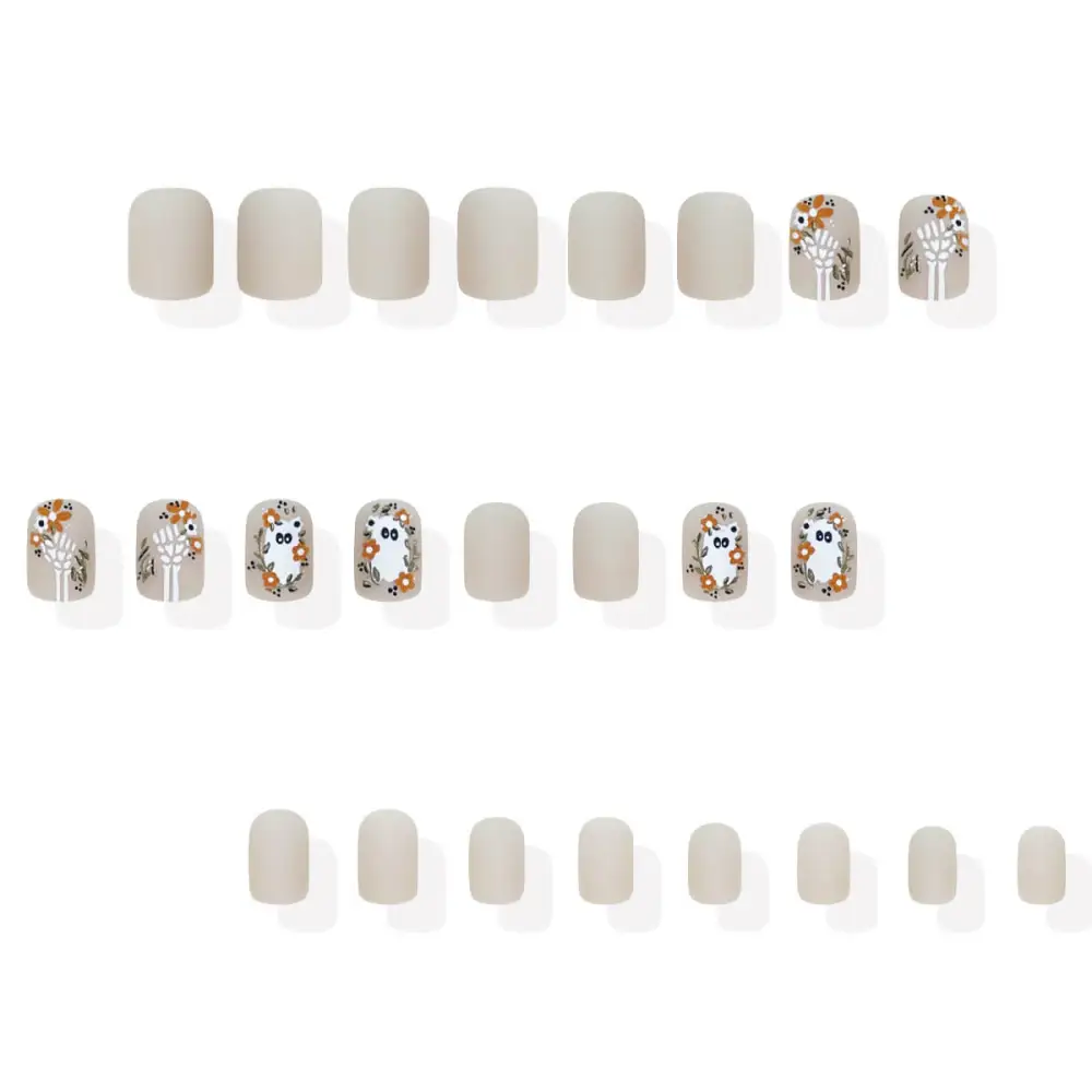 Nailhour 24Pcs Halloween Short Squoval Skull And Flowers Press On Nails
