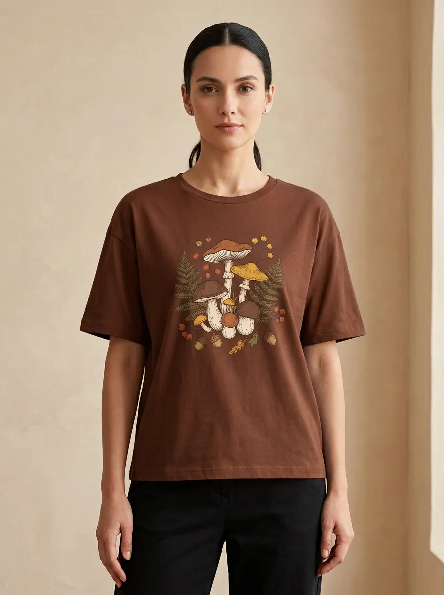 Rustic Mushroom Fern Printed Women's Graphic T-Shirt
