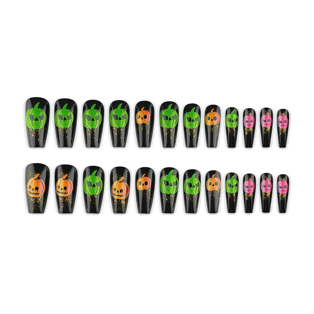 Nailhour 24Pcs Halloween Pumpkin Ghost Long Coffin Press On Nails