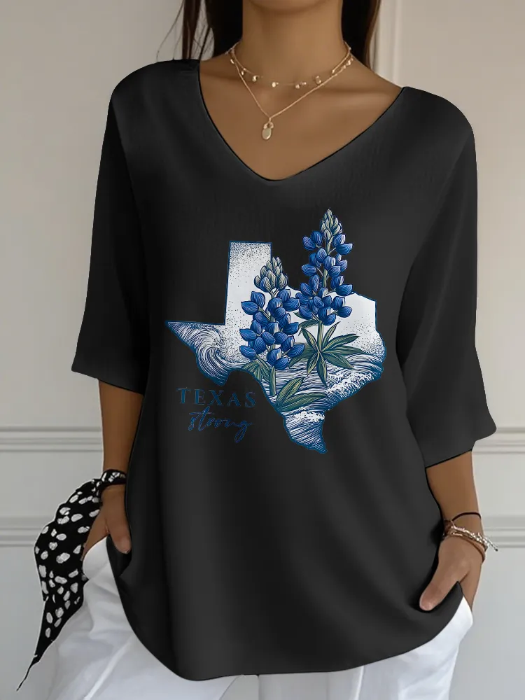 Ladies TEXAS STRONG  All-Match Loose And Slim V-Neck Shirt