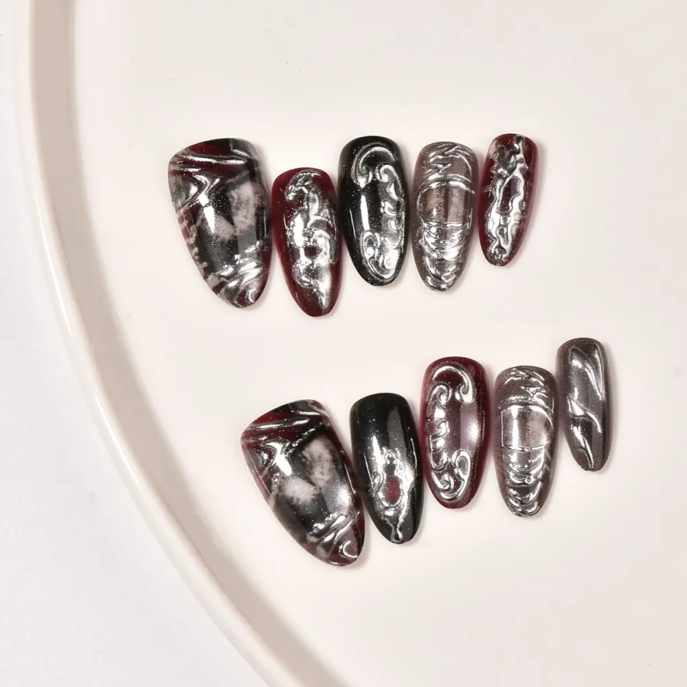 Nailhour 30Pcs Gilded 3D Medium Almond Dark Y2K Press On Nails