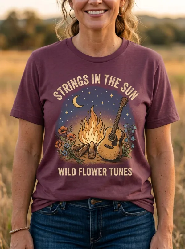 Guitar Campfire Floral Wildflower Women's Country Music Crew-Neck T-Shirt