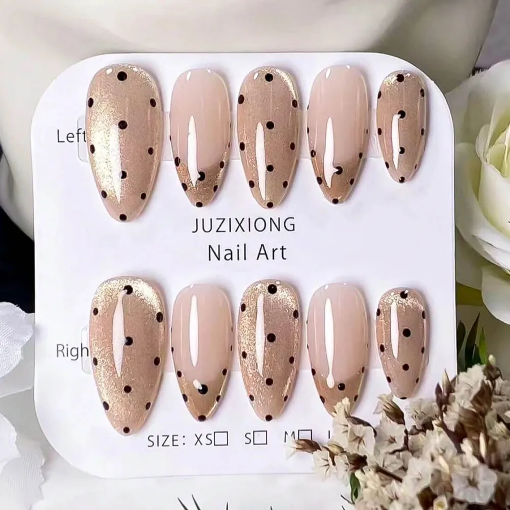 Nailhour 24Pcs French Medium Almond 3D Cat Eye Press On Nails