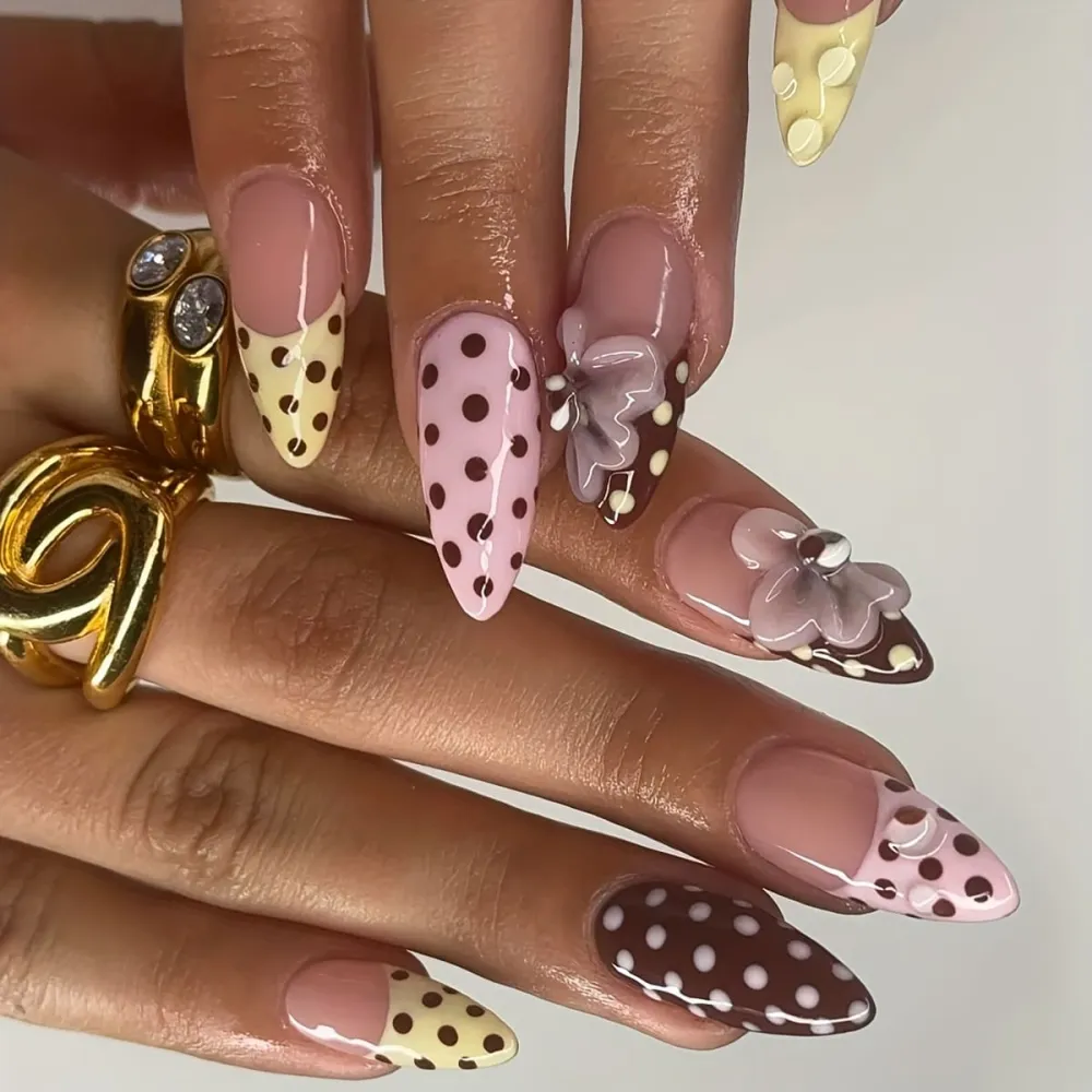Nailhour 24Pcs 3D Floral Vintage Medium Almond Press On Nails