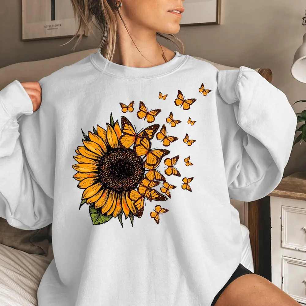 Sunflower Butterfly Accent Graphic Sweatshirts