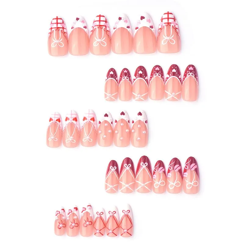 Nailhour 30Pcs Bow 3D Medium Sweet Almond French Press On Nails