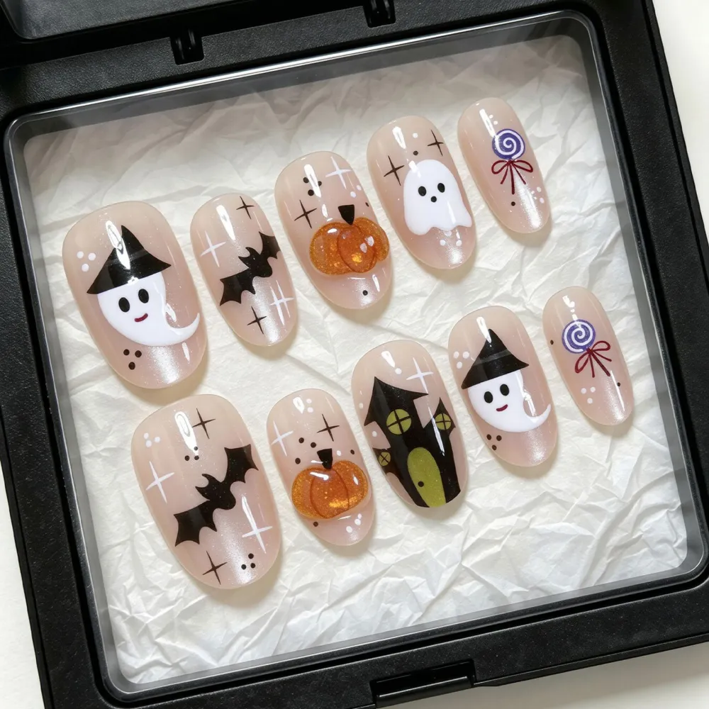 Nailhour 30Pcs Halloween Ghost Cute Medium Almond Press On Nails
